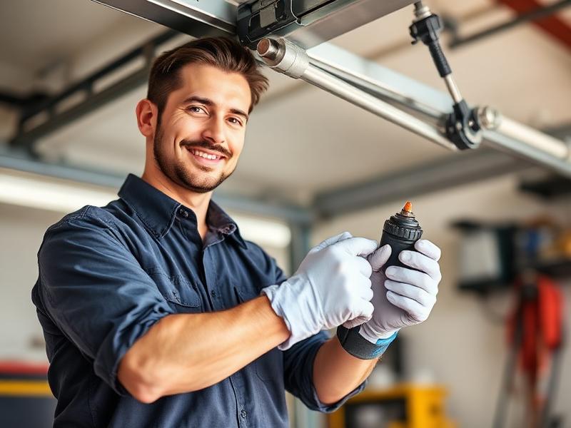 Professional garage door technician servicing door tracks and rollers in West Haven